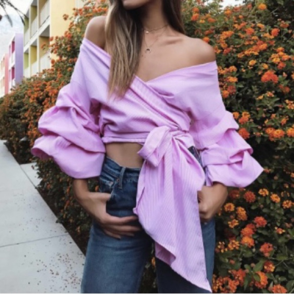 NWT Storets Vivian Ruched Sleeve Off-Shoulder Pink White Gingham Wrap Top S M